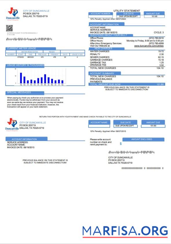 Blank USA Texas City of Duncanville utility bill template in Word and PDF format